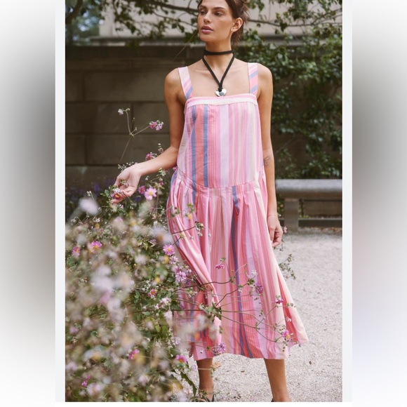 Free People primavera striped drop waist sun dress in pink NWT - Picture 5 of 8